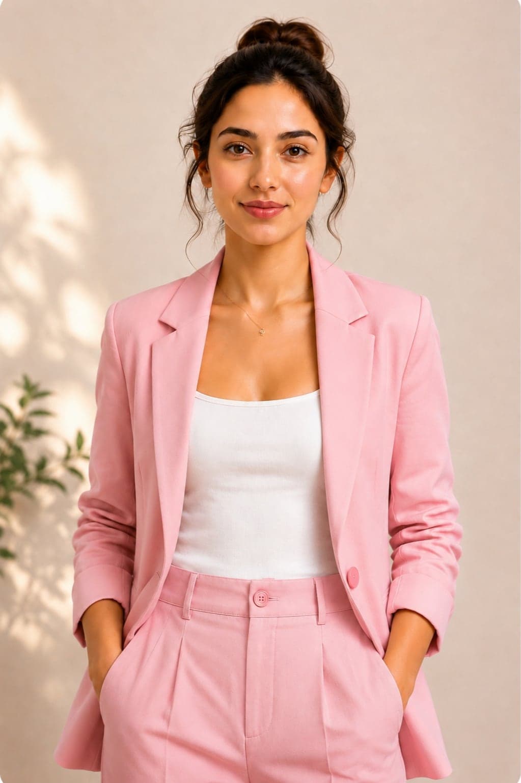 The same person shown wearing a pink co-ord set generated by TryWare AI