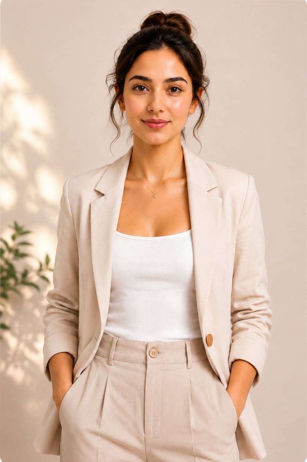 A person's original reference photo in a beige blazer